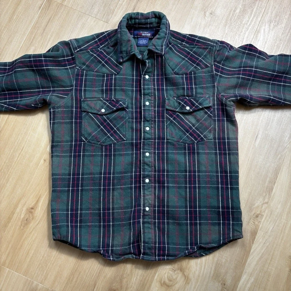 Five Brother Heavy Utility Green Plaid Flannel Snap Button-Up‎ Shirt Men's Large