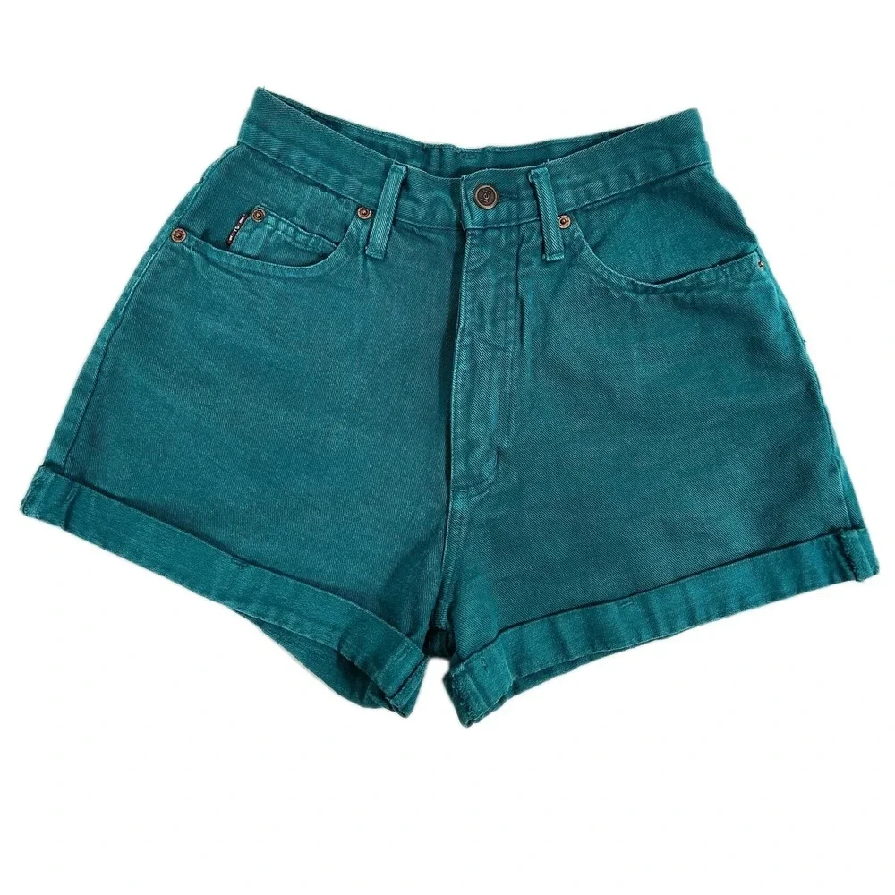 Vintage LEI Teal High Waisted Denim‎ Cuffed Shorts Womens Size 7 Retro 90s Mom