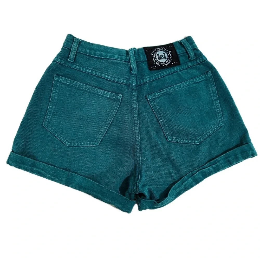 Vintage LEI Teal High Waisted Denim‎ Cuffed Shorts Womens Size 7 Retro 90s Mom