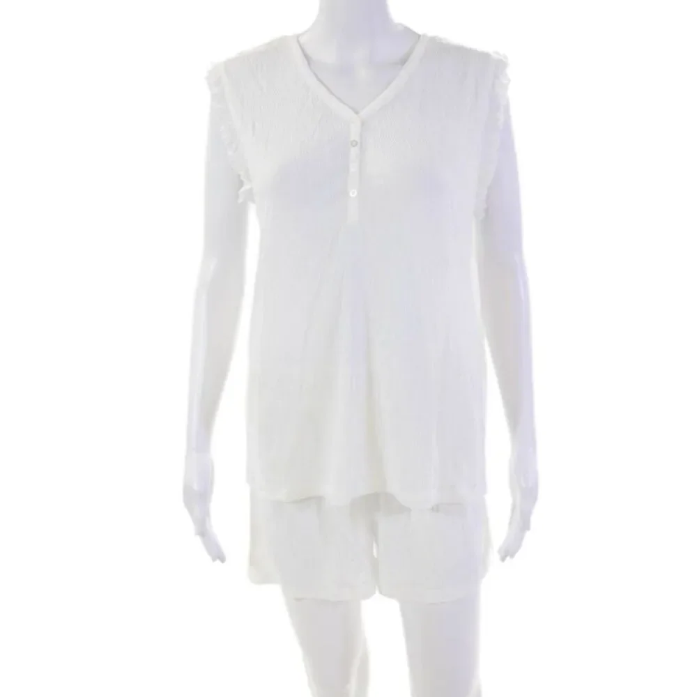 You Say Womens V-Neck Ruffle Trim Taank Top And Shorts Pajama Set White Size L