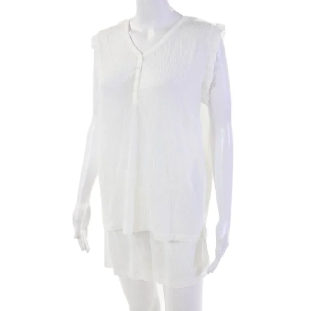 You Say Womens V-Neck Ruffle Trim Taank Top And Shorts Pajama Set White Size L