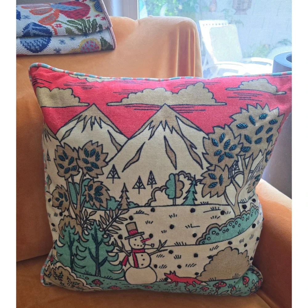 New Winter Landscape Beaded Throw Pillow Snowman Fox Mountain Scene Square Decor