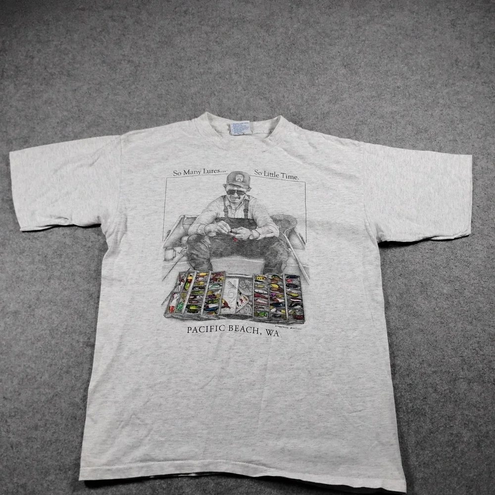 All Sport Proweight Vintage 90s Peggy Murray Fishing Graphic T-Shirt Mens L Gray