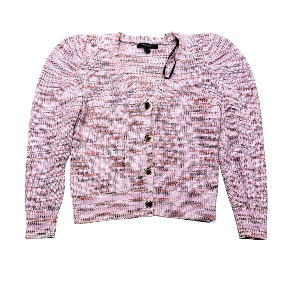 Marc New York Pink Multi Stripe Puff Sleeve Button Front Cardigan Sweater Size S