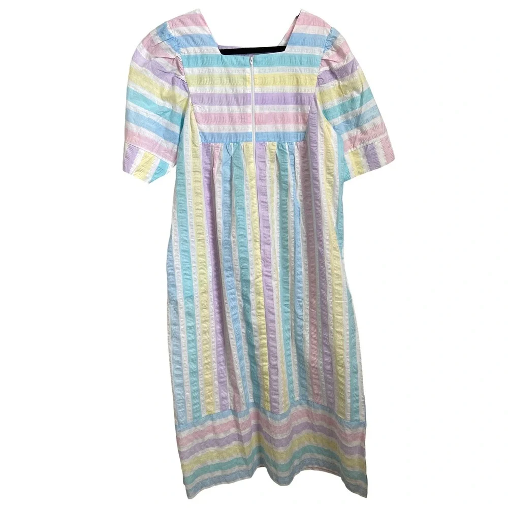 Styled‎ by Saybury Pastel Rainbow Stripe Seersucker House Dress Maxi Pockets L