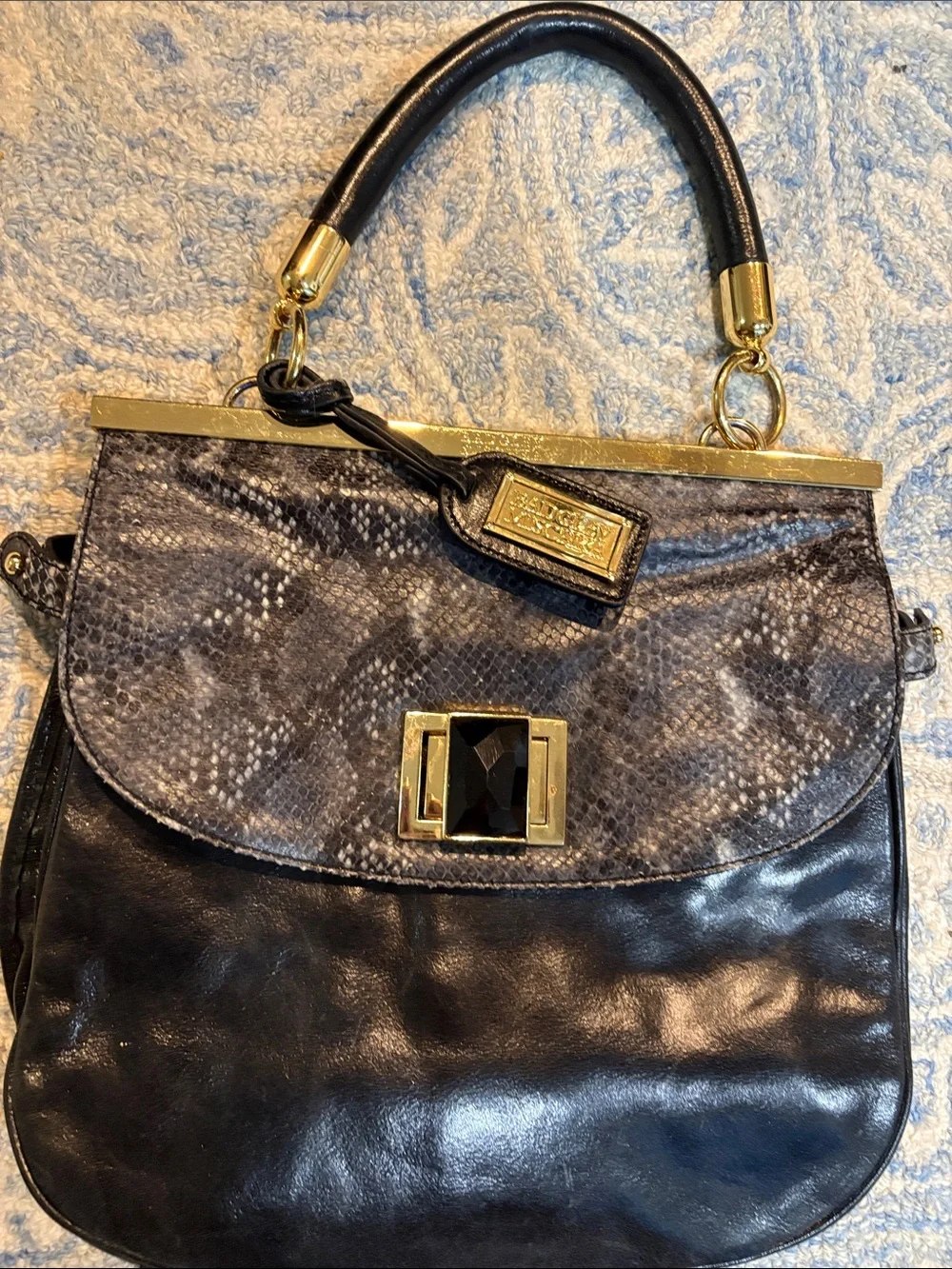 Black Leather and Gray Snake-Print Top Handle Bag