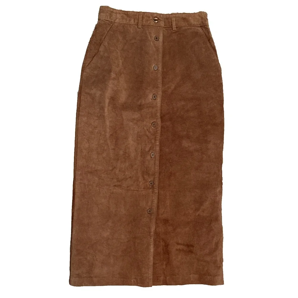 Y2K  Women's High Waisted Button Down Brown‎ Suede Skirt Size 8 Fall Cozy Autumn