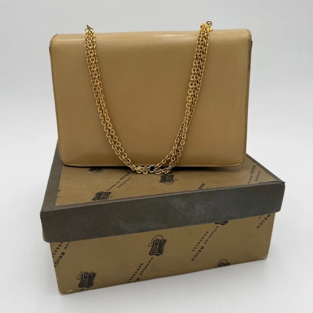 Nicholas Reich 1970's Vintage Baby Camel Leather Shoulder Bag Tan‎ Gold Chain