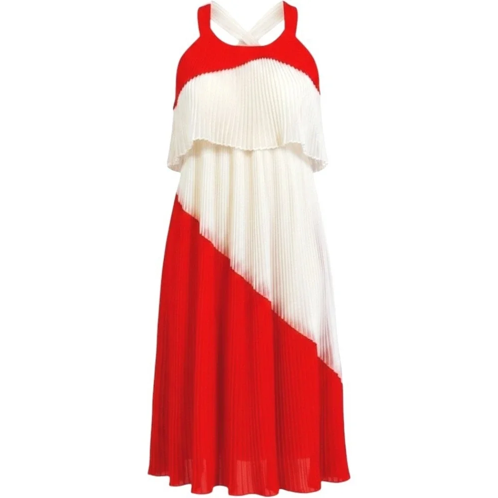 Aryn K Red Ivory Pleated Colorblock Midi Dress Sleeveless Tiered AD-7646-A M‎
