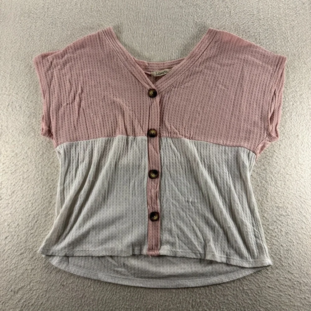 Liberty Love Waffle Knit Top Womens L Pink White Good Colorblock Button Front