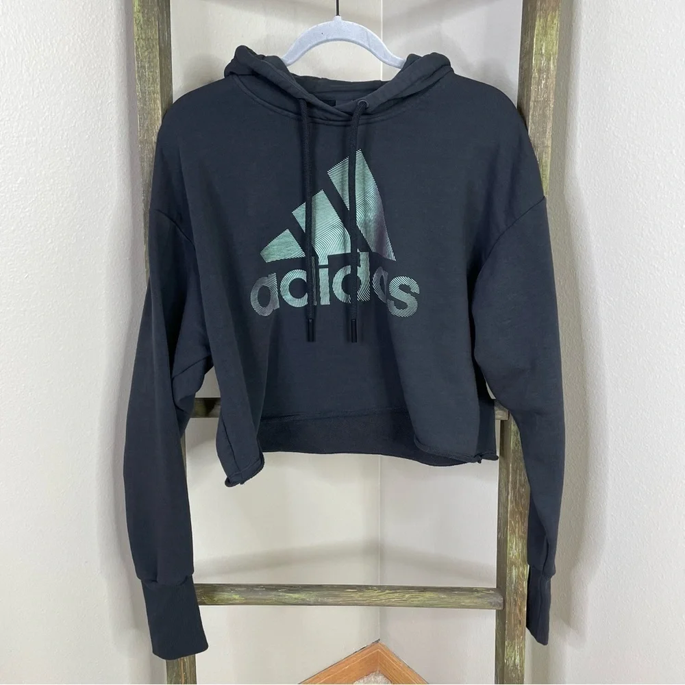 Adidas Holiday Graphic Hoodie Size XS Black Loose Fit Cropped Shimmery Logo Hood