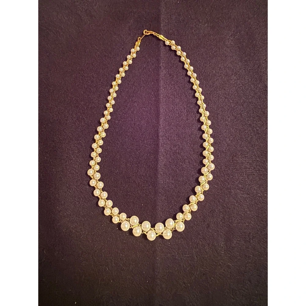 Vintage Faux‎ Pearl Graduated Collar Necklace Gold Tone Braided Chain Bridal Bib
