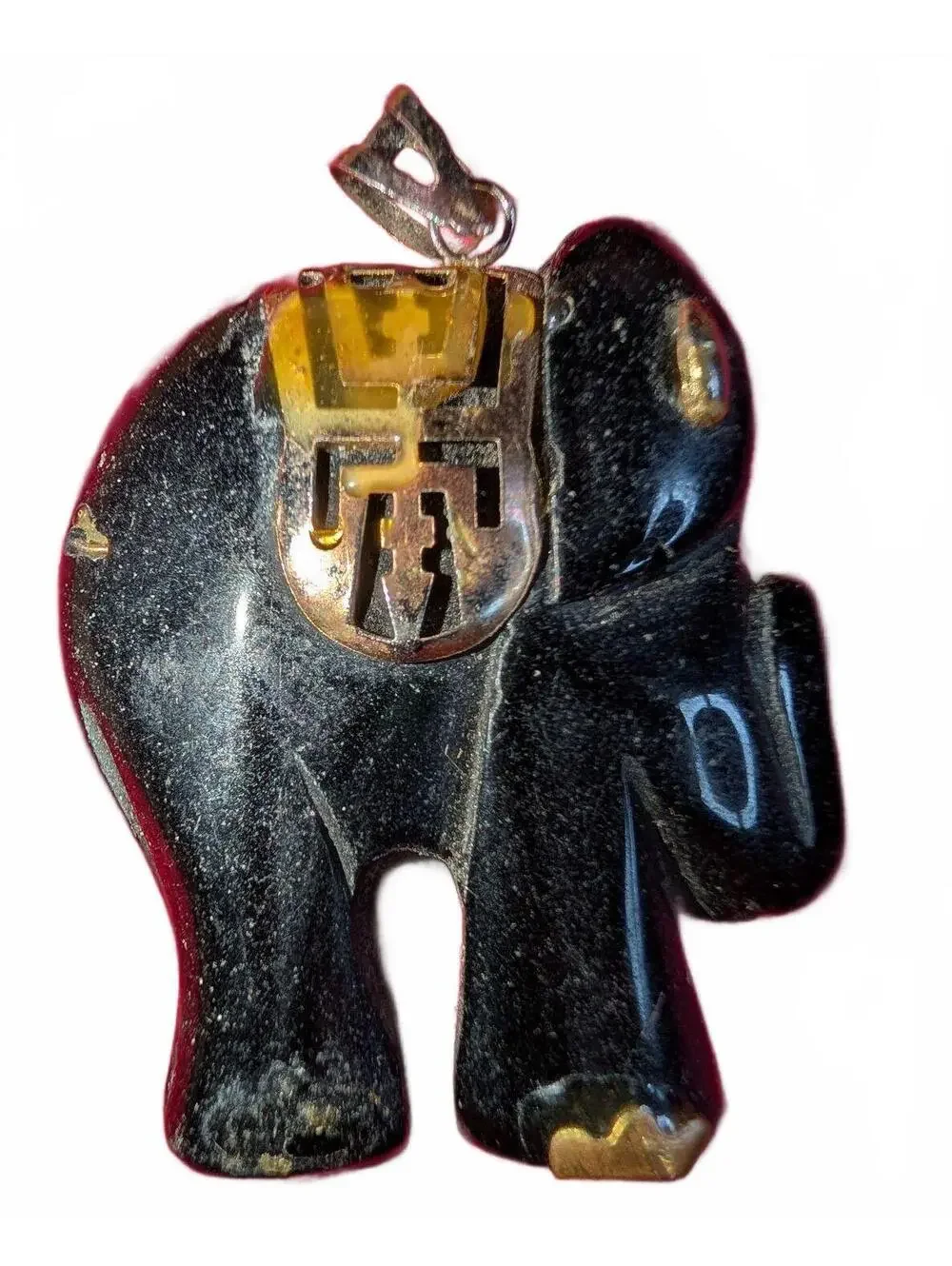 Vintage Black onyx Elephant Pendant with Metal Inlay damage