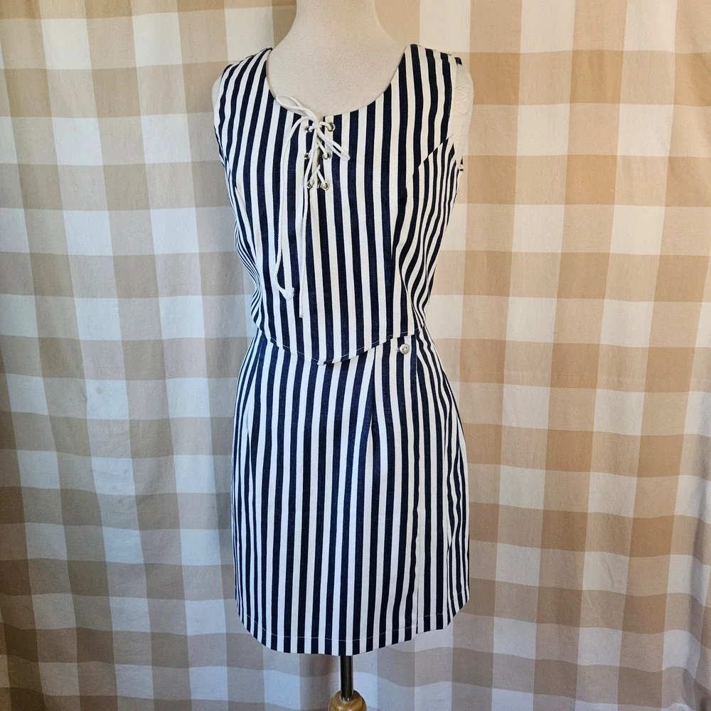 Vtg 90s‎ BANJO Dallas Texas Navy White Stripe Lace Up Top Mini Skirt Set Medium
