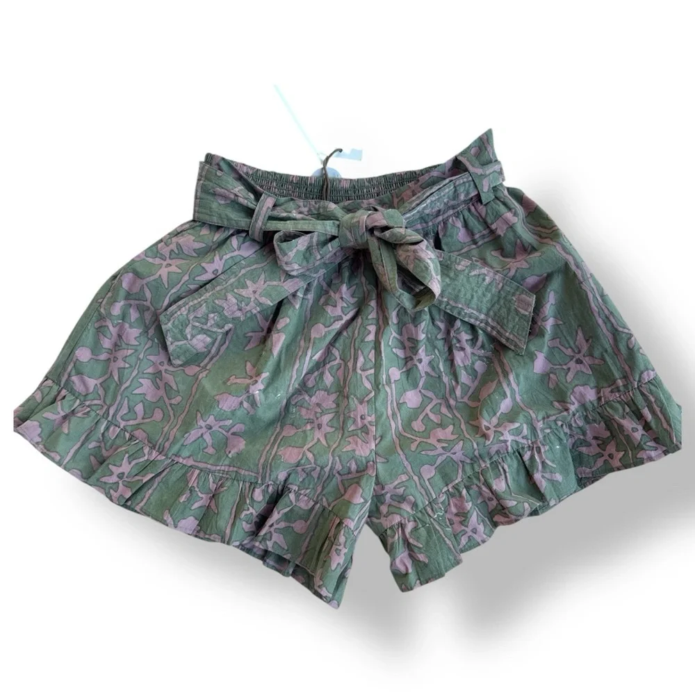 Cleobella SHORTS handmade process ruffle elastic belted Green Pink Floral S /‎ M