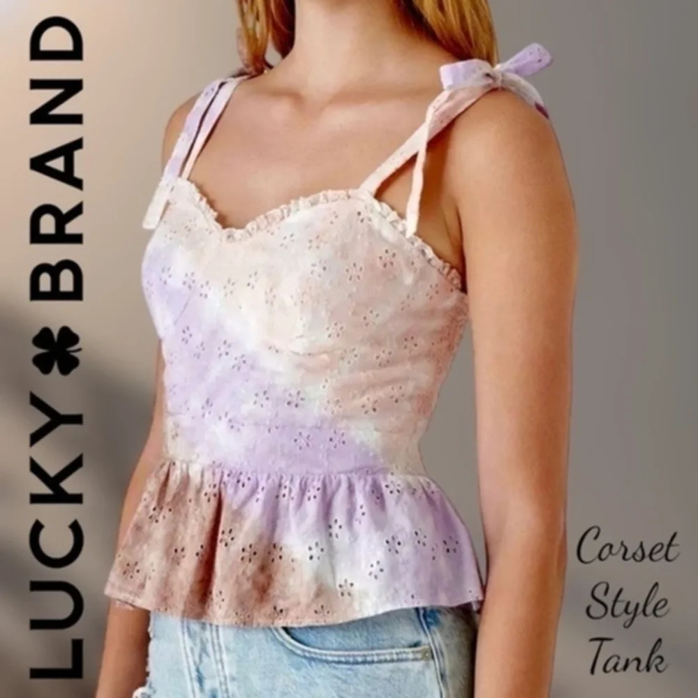LUCKY BRAND Sweetheart Neck Shoulder Ties Cotton Eyelet Tie-Dyed Corset Top NWT