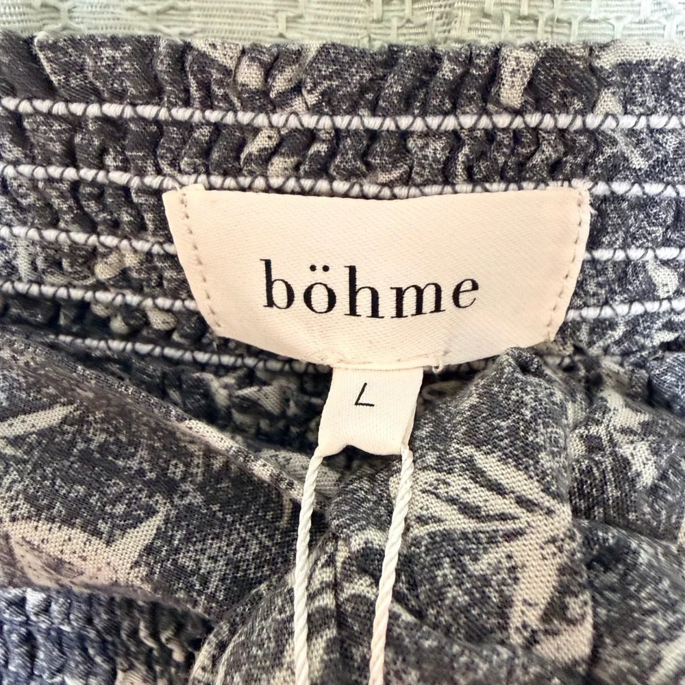 NEW $64 Bohme Womens L Smocked Tiered Wide Leg Pant Black Leaf Print Boho Resort