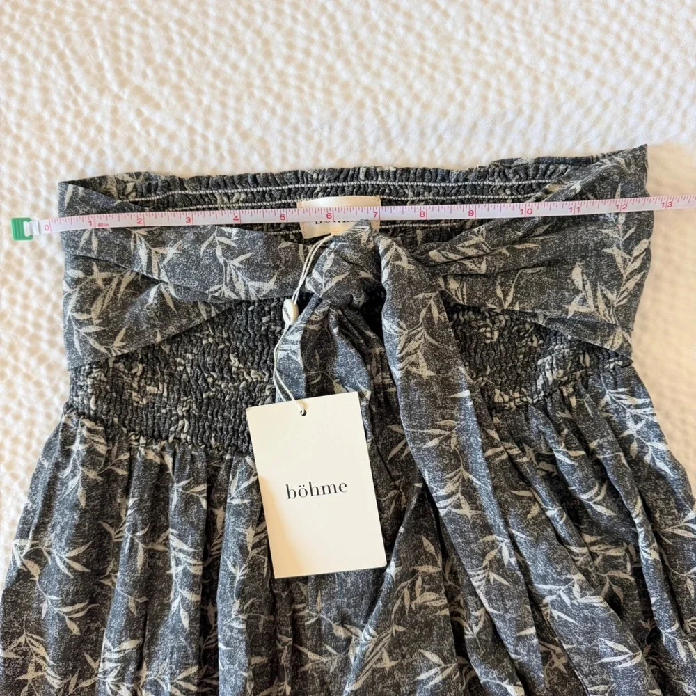 NEW $64 Bohme Womens L Smocked Tiered Wide Leg Pant Black Leaf Print Boho Resort