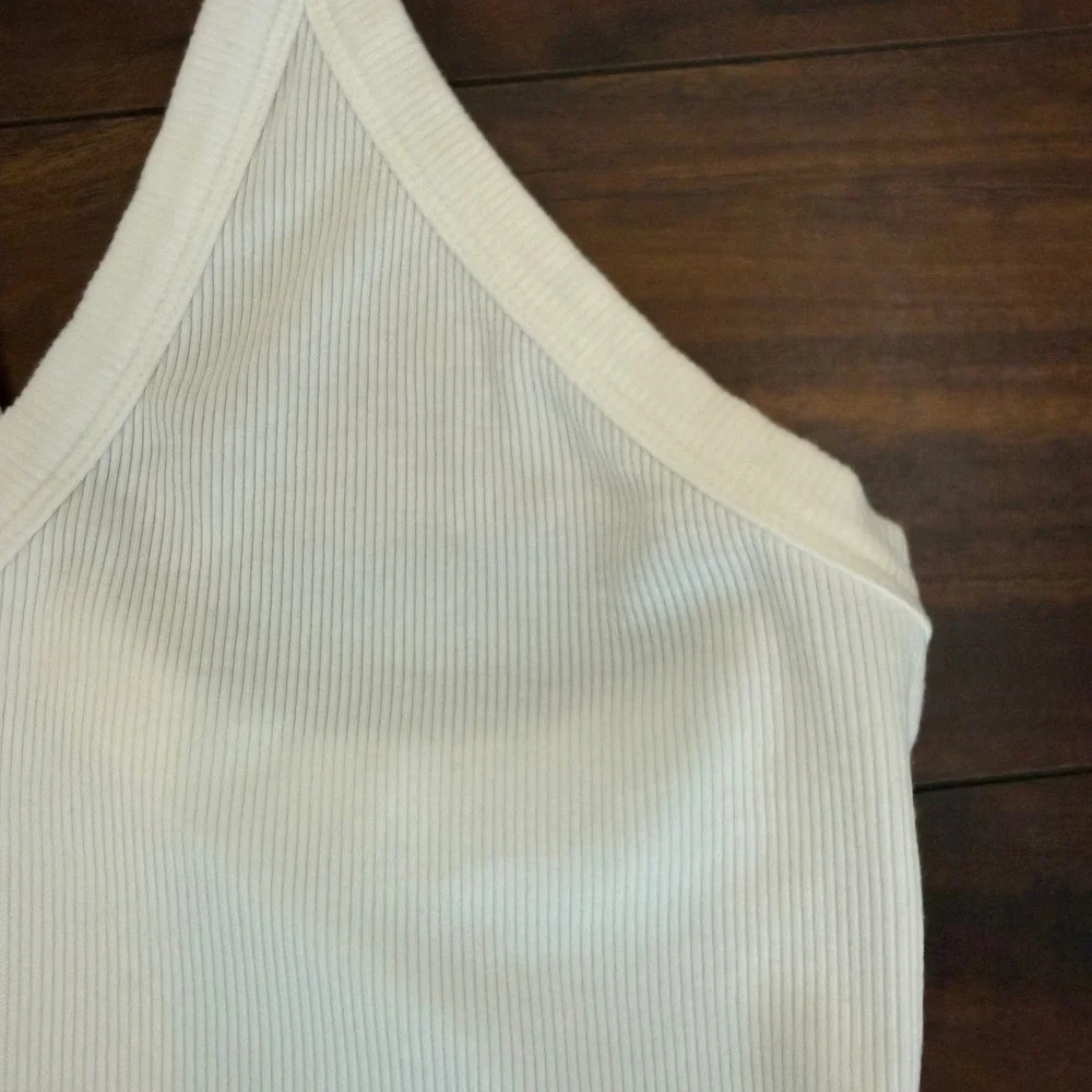 White Ribbed Racerback‎ Crop Tank Top V-Neck Baby Tee Cami Size L 90's Y2K