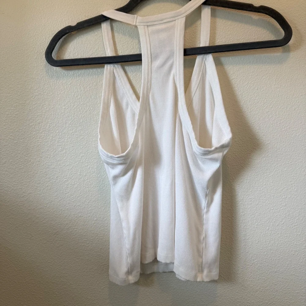 White Ribbed Racerback‎ Crop Tank Top V-Neck Baby Tee Cami Size L 90's Y2K