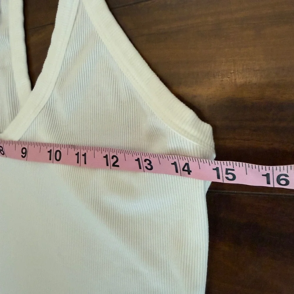 White Ribbed Racerback‎ Crop Tank Top V-Neck Baby Tee Cami Size L 90's Y2K