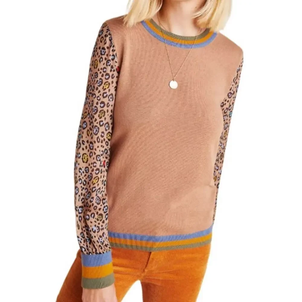 Anthropologie x Conditions Apply Tan Celina Knit Animal Print Sleeves Pullover