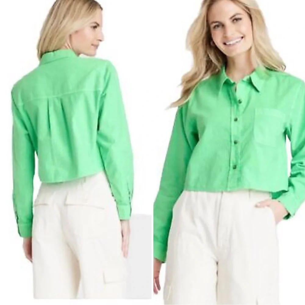 Universal Thread Crop Top Light Neon Green Cotton Linen Size XS‎ Long Sleeves