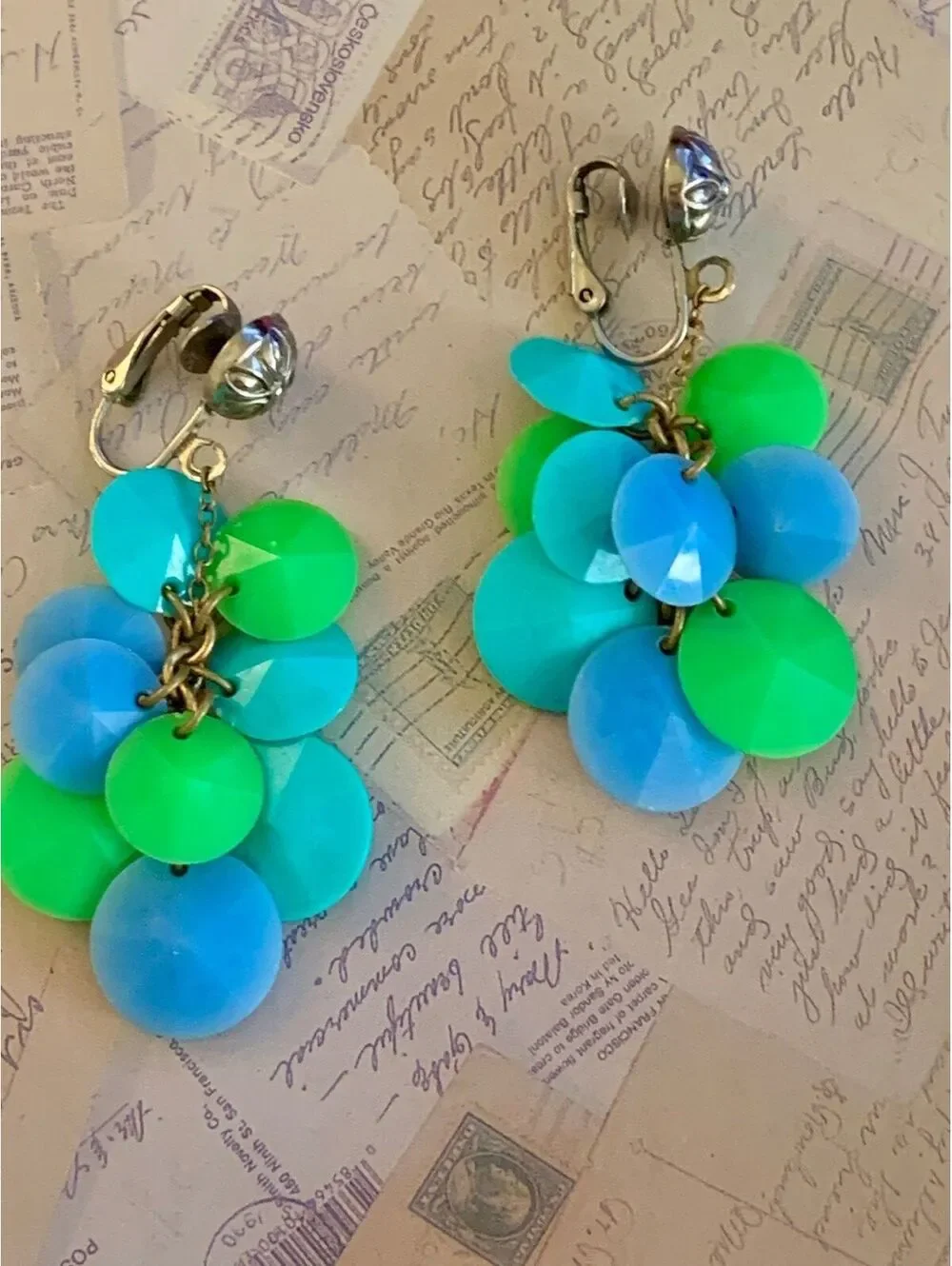 Vintage Lucite Funky Cha-Cha Blue & Green Clip-On Disc Earrings - Bold & Playful