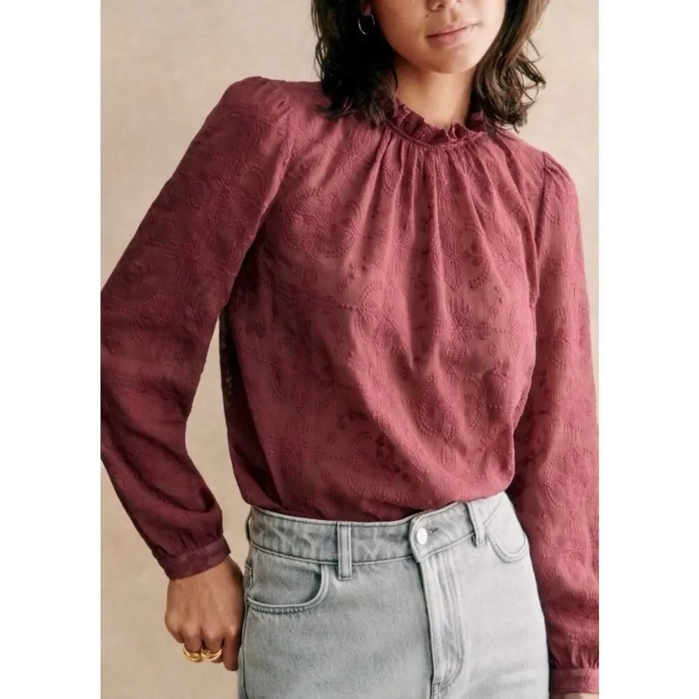 NWT Sezane Embroidered Cotton High Neck Blouse Berry Mauve US 4