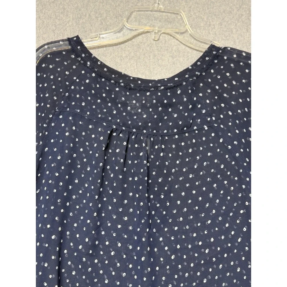 Liz Claiborne Woman Navy Blue Dotted Sheer‎ Short Sleeve Split Neck Blouse 1X