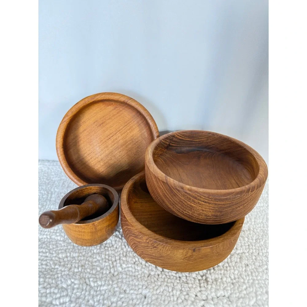 Vintage‎ Wooden Mortar Pestle Set 3 Bowls Kitchen Spice Grinder Herbs