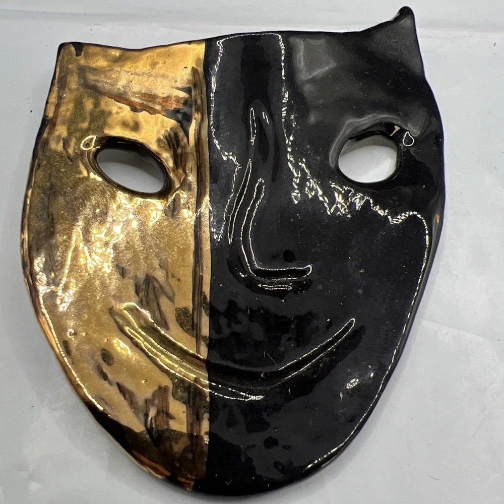Vintage Melange Ceramic Mask Brooch Pin Hand Painted Black Gold Theater Art Wear