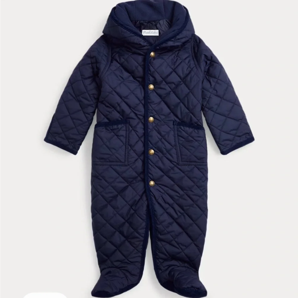 RALPH LAUREN Size 6M Baby MSRP‎ $135 Hooded Barn Bunting Navy  Quilted Snowsuit