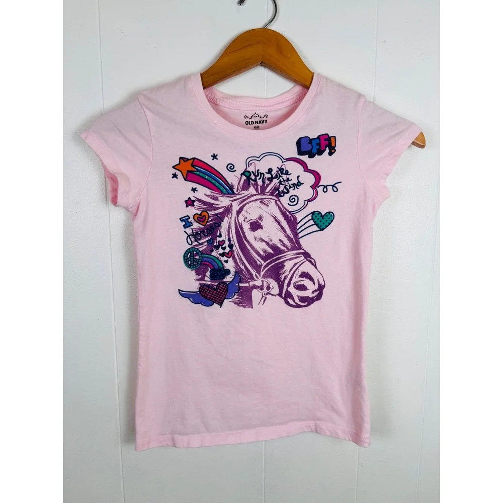 Vintage Y2K‎ Old Navy Kids Girls Pink Horse Graphic T Shirt Size Large (10-12)
