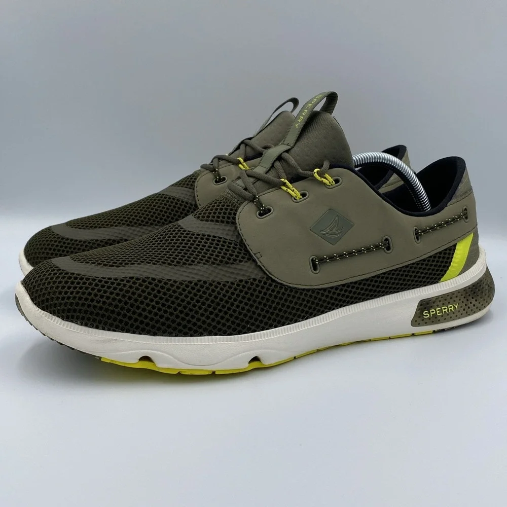 Sperry 7 SEAS 3-Eye Boat Shoes Men's Size 13 Olive Green Yellow STS41092 Mesh