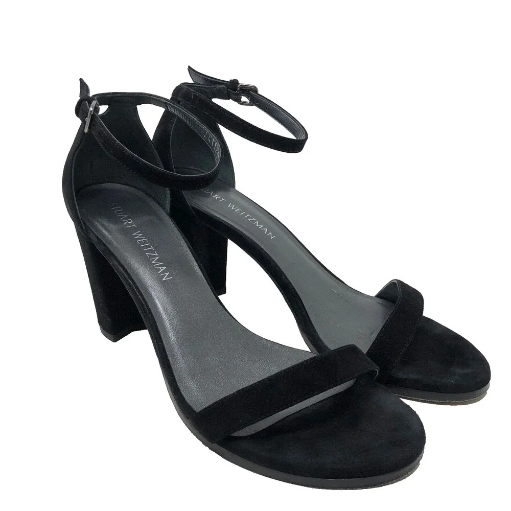 Stuart Weitzman Nearly Nude Strappy Block Heels Womens 9 Black Suede Going Out‎