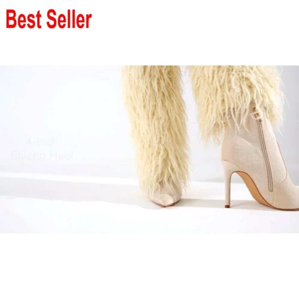 Faux Fur Knee High Boots with Stiletto Heel and Pointed Toe