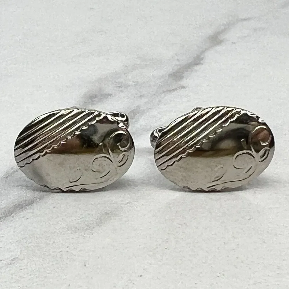 Vintage Silver Tone Engraved Vine Oval Cufflinks