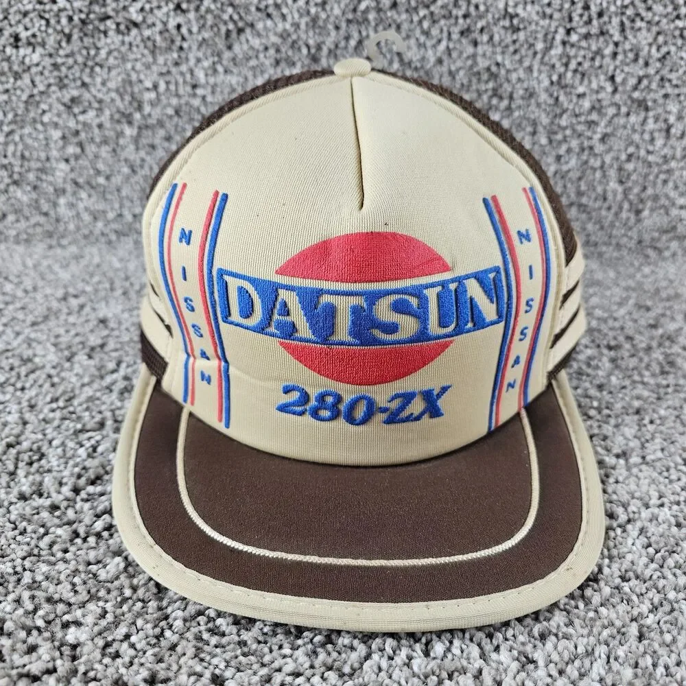 Vintage Datsun Trucker Hat Cap Snap Back 3 Stripe Mesh 280ZX Brown Tuner JDM 80s
