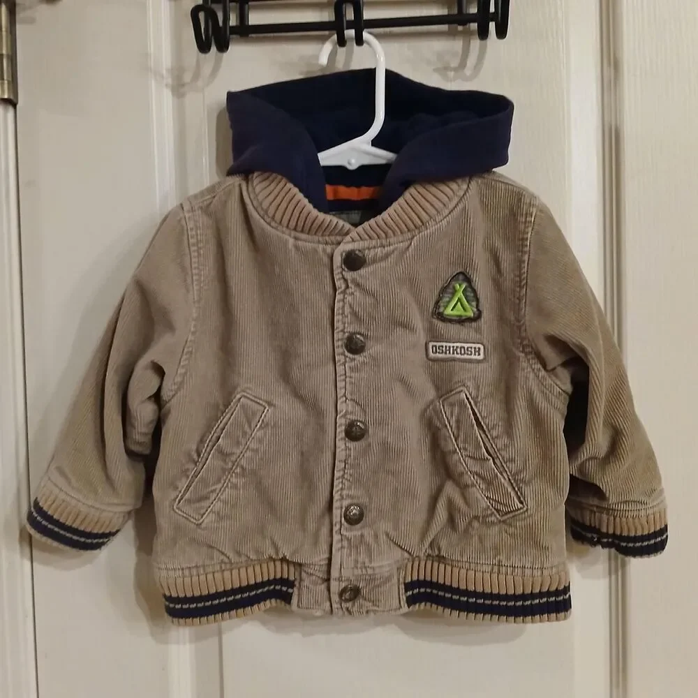 OshKosh tan corduroy bomber jacket zipper snaps navy hood patch 2T classic basic