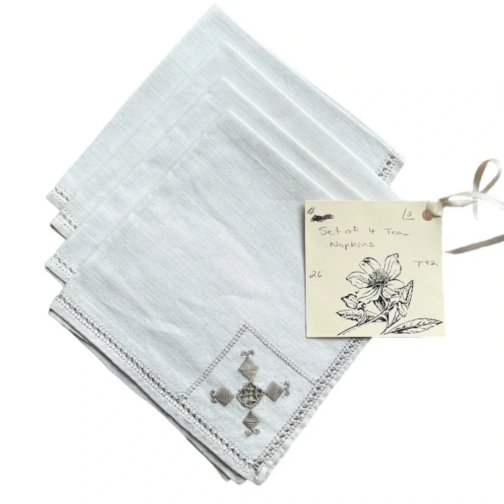Vintage Linen Tea Napkins Set of 4 | Hand Stitched | Classic Table Linens