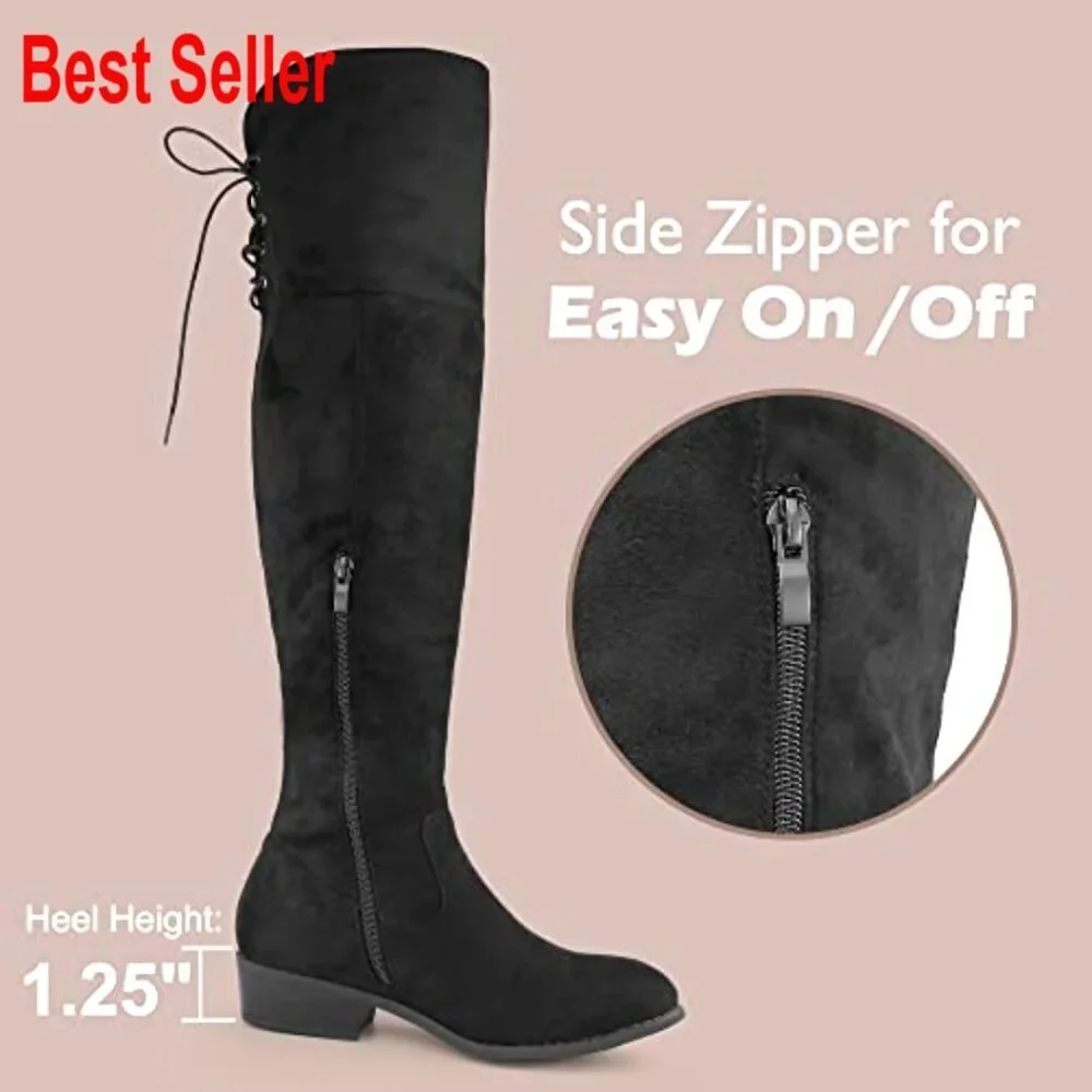 Faux Suede Over-the-Knee Boots with Low Heel and Zipper