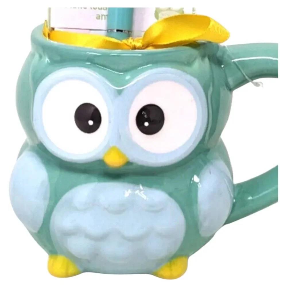 OWL Modern Expressions Green/Blue 3D Mug Cup 16 oz STATIONERY Notes Pen Set NEW