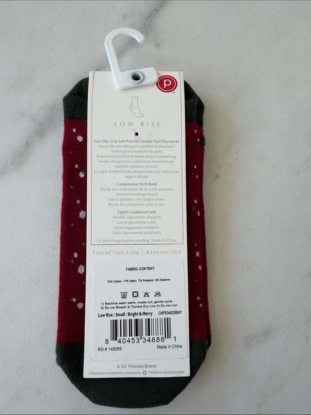 Pure Barre Red Low-Rise Grip Socks with Dark Gray Accents