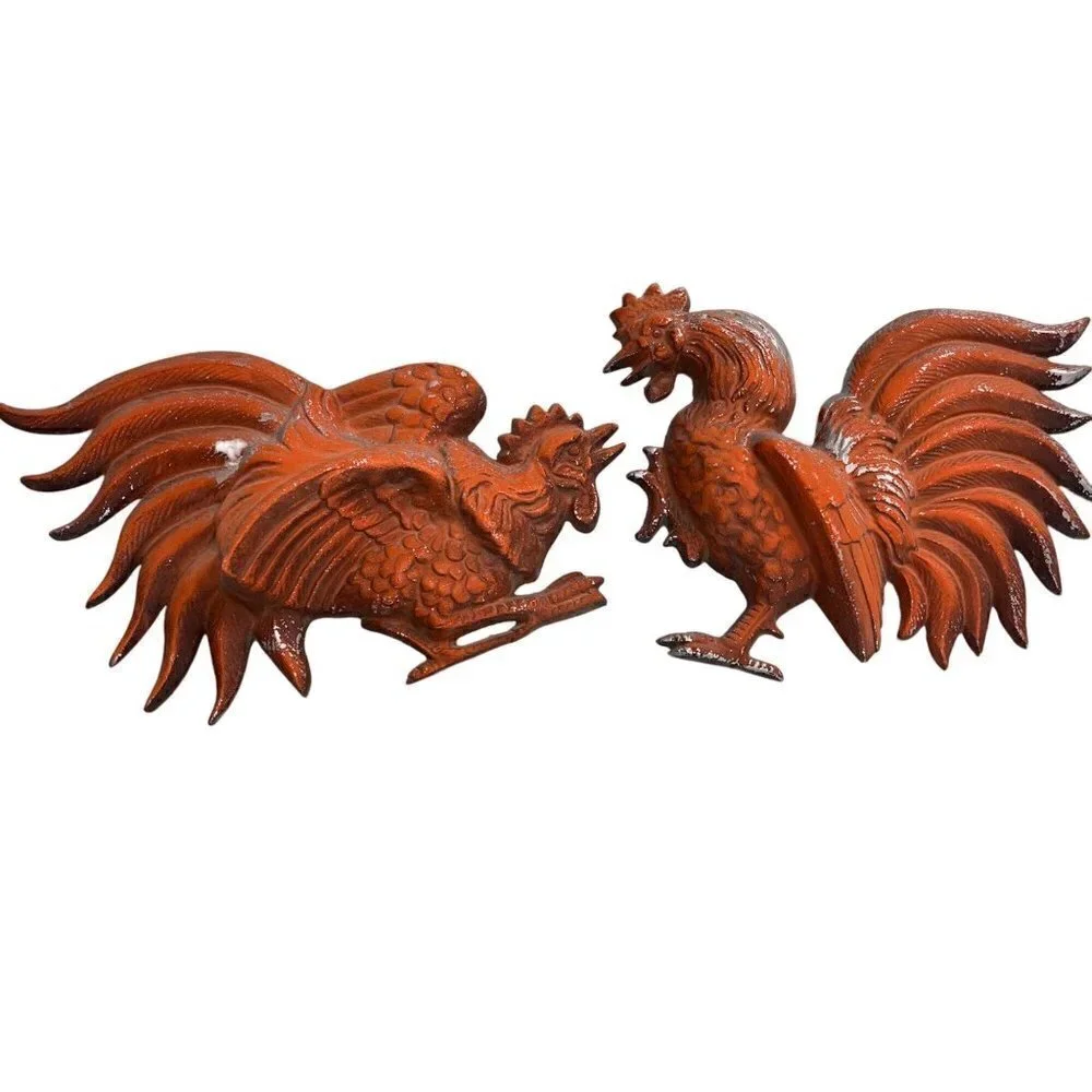 Hoda Vintage Rooster Wall Plaques Orange Metal Set Of Two Mid Century Modern