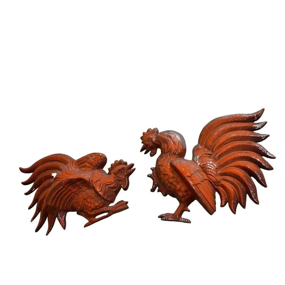 Hoda Vintage Rooster Wall Plaques Orange Metal Set Of Two Mid Century Modern