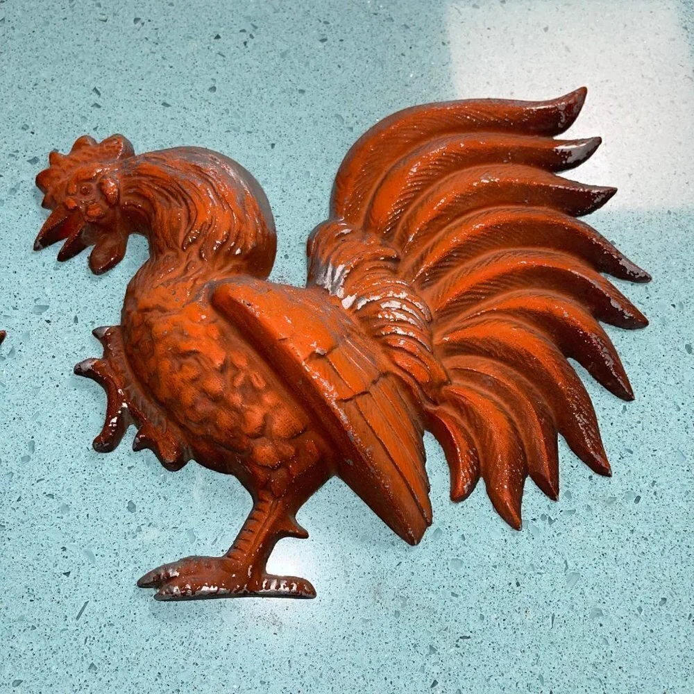 Hoda Vintage Rooster Wall Plaques Orange Metal Set Of Two Mid Century Modern