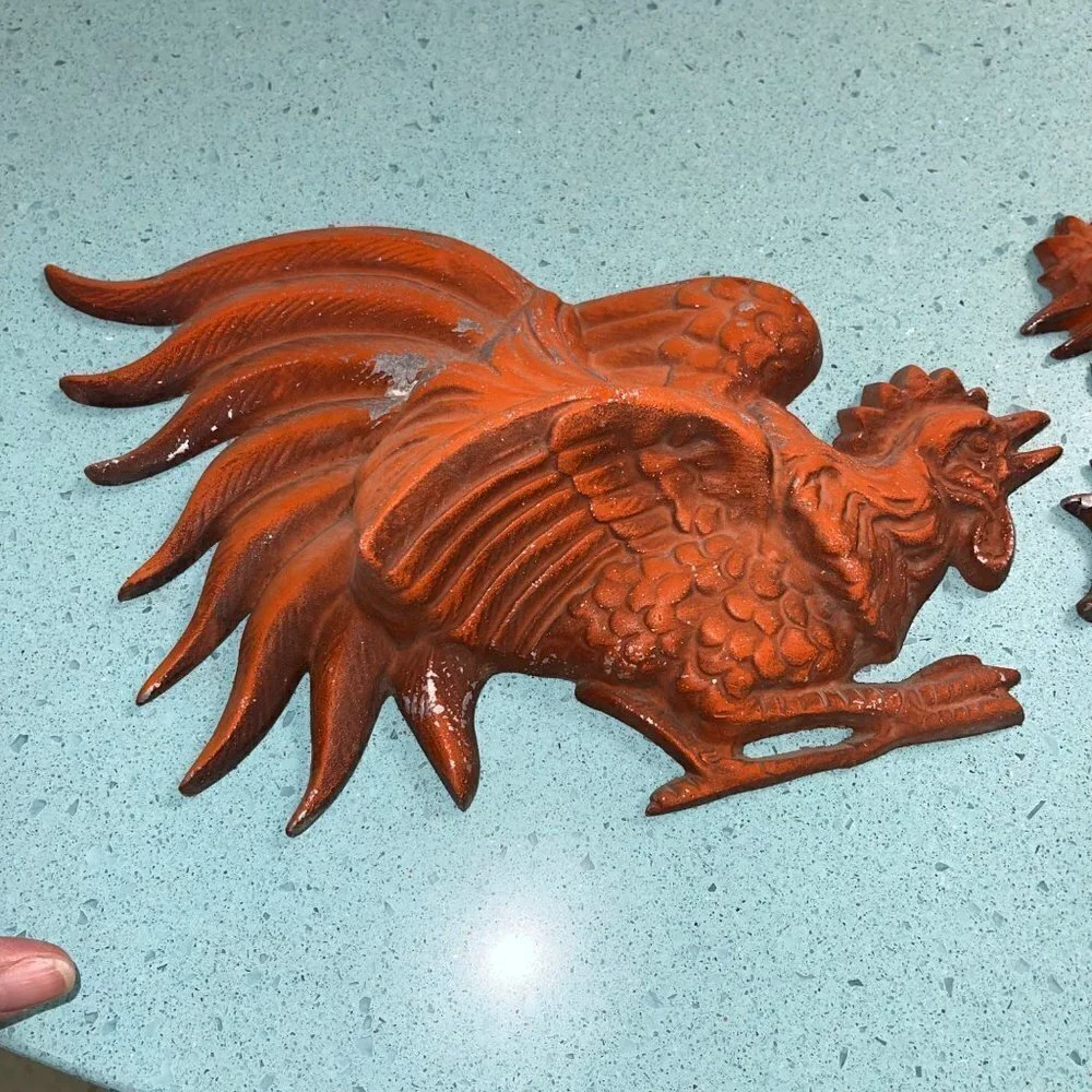 Hoda Vintage Rooster Wall Plaques Orange Metal Set Of Two Mid Century Modern