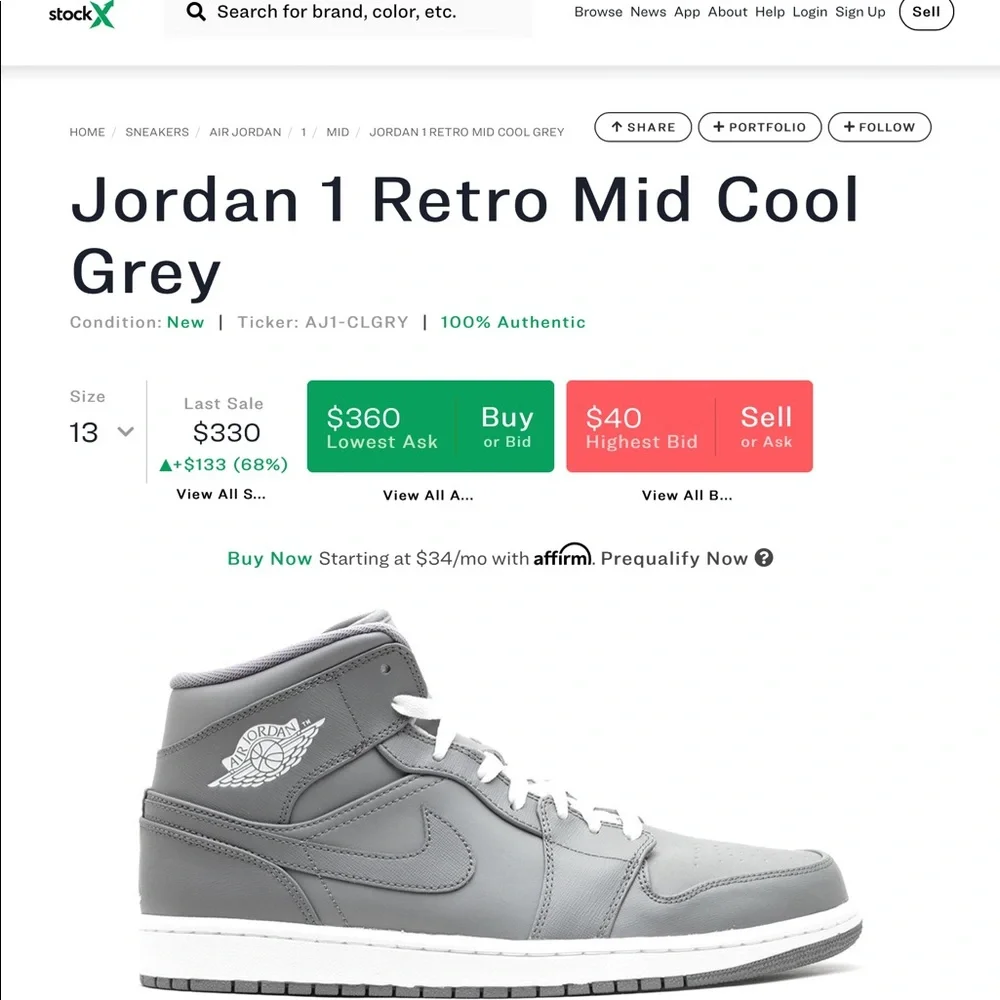 Jordan 1 Retro Mid 'Cool Grey'