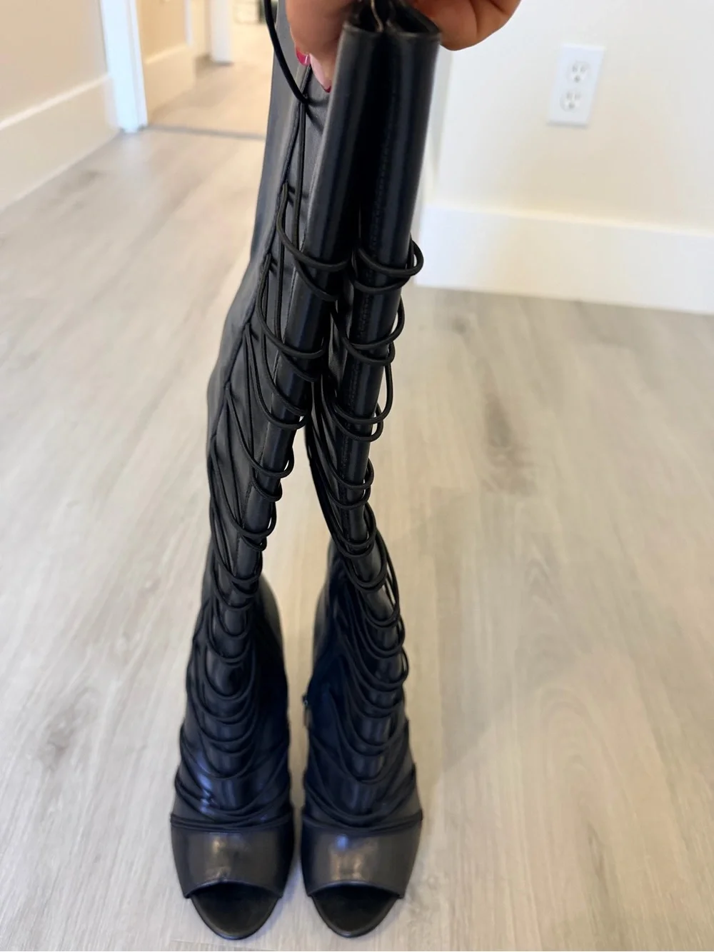 Black Lace-Up Knee-High Stiletto peep toe Boots
